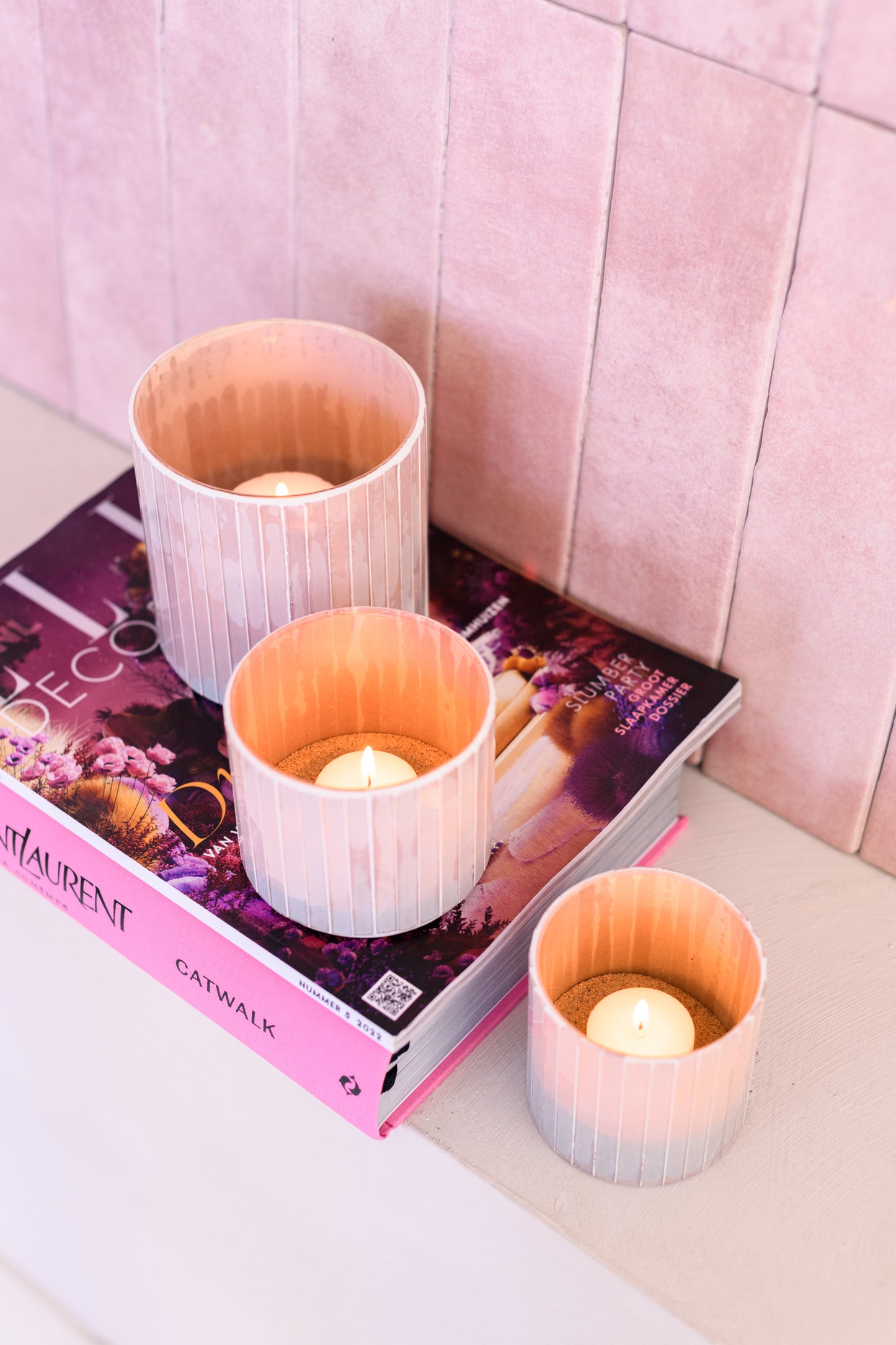 Glazen kandelaar roze (M)