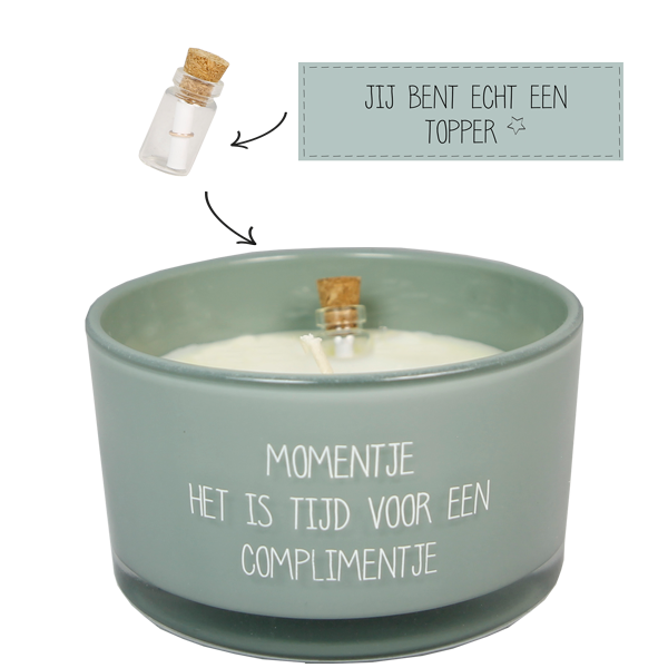 Geurkaars met flessenpost "Tijd voor een complimentje"