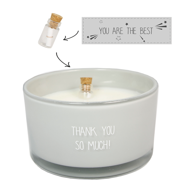 Geurkaars met flessenpost "Thank you so much"