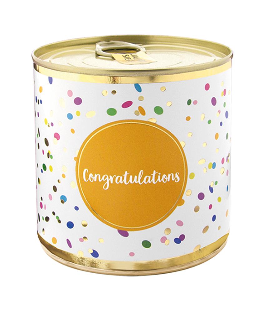 Cake in blik met quote 'Congratulations' brownie