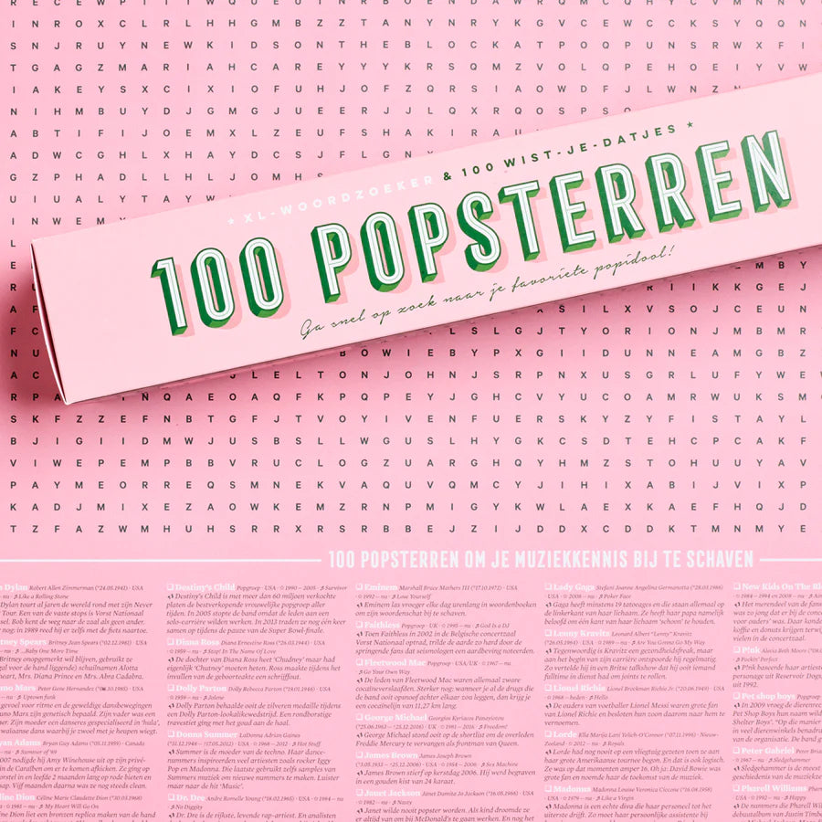 XL-spelposter zoek 100 popsterren